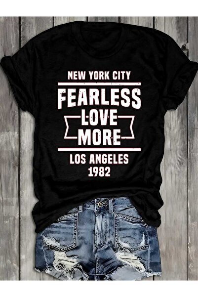 LİNA06 تي شيرت نسائي بتصميم NYC Fearless Love - قميص كاجوال ثقيل الوزن 180 جر...