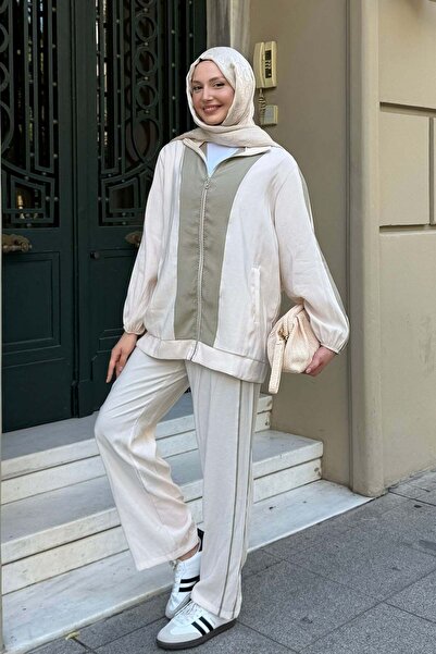 Modaensarbutik Çift Renk Şerit Detaylı Pantolonlu Tesettür Takım-MİNT YEŞİLİ