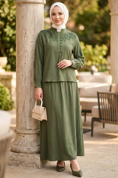 Neva Style Set dublu Hijab verde cu fustă 20364CY