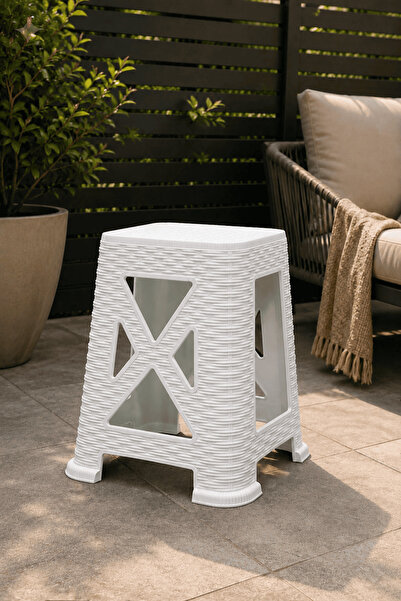 Alezy TB300 Plastik Rattan Desenli Tabure Büyük Boy 38x24cm Beyaz