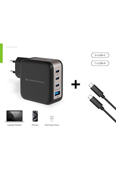 CONCEPTRONIC Încărcător GaN cu port USB-A și 3 porturi USB-C și cablu USB-C -...