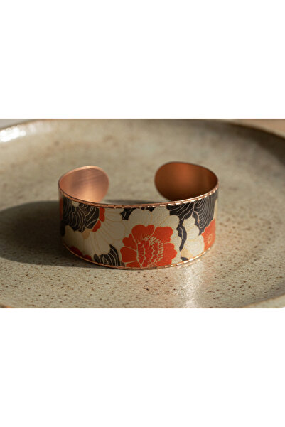 Erol Bakır Copper Japanese Flower Pattern Wide Adjustable Cuff Bracelet