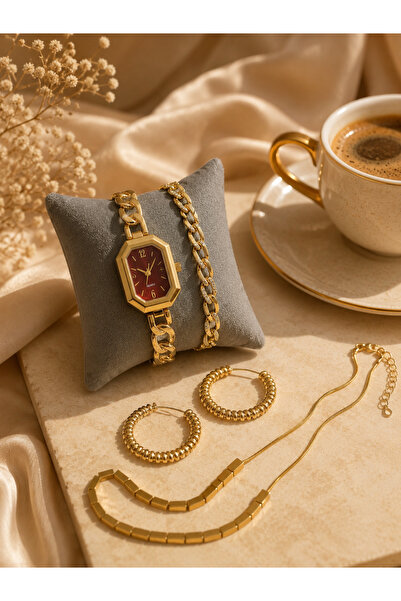 JAMMY JEWERLY Gold Renk Kadın Takı Kombini – Zincir Kordon Saat, Taşlı Bilekl...