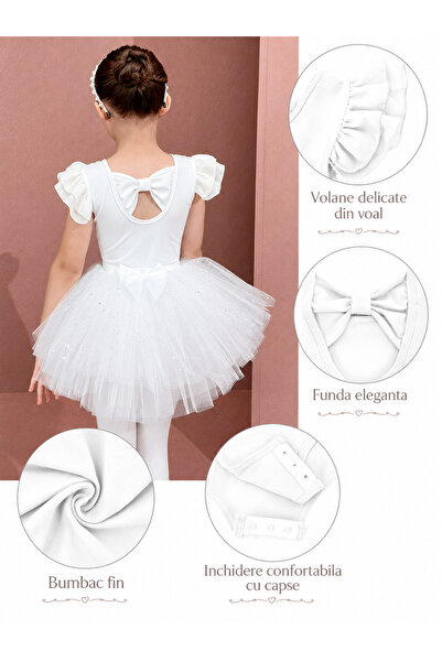 SOLLUXE Costum de balet, gimnastică sau dans pentru fete: set body din bumbac și fustă tutu albă cu aplicații strălucitoare