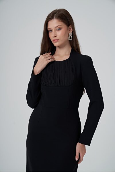 Mimya Krep Pilise Detaylı Midi Elbise 2359