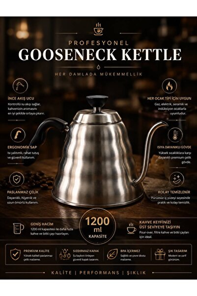 Fame 1200 ml Paslanmaz Çelik Gooseneck Kahve Demliği – İnce Akış Uçlu Pour Ov...
