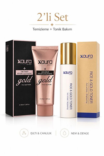 XAURA GLOBAL 24K Gold Yüz Temizleme Köpüğü ve Rice Gold Toner Seti