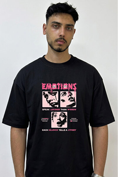 Anetos Grunge Emotions Design Printed Oversize Black T-Shirt