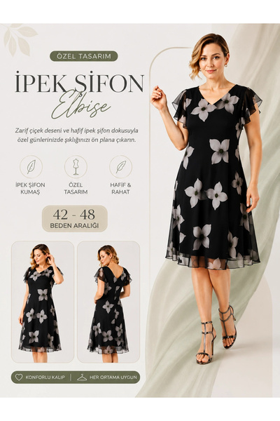Moda Berray 984 İPEK ŞİFON ÇİÇEK DESENLİ ŞIK KLOŞ SİYAH ELBİSE