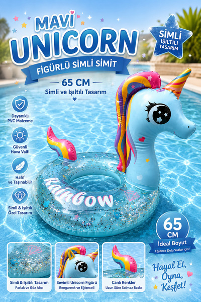 hak-iş oyuncak 65 CM Mavi Unicorn Figürlü Simli Şişme Simit | İçi Simli Havuz...