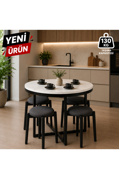 EDMONDA EV AKSESUAR ATLAS YUVARLAK 90 CM PUFLU 4 KİŞİLİK MASA TAKIMI BALKON M...