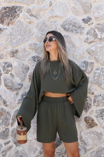 bytugcekaya Khaki Standard Size Loose Fit Bat Sleeve Blouse