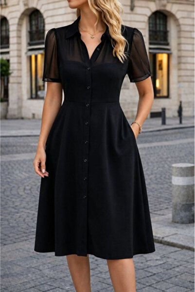 Efnaz style Women's Short Sleeve Collared Front Buttoned Midi Imported Crepe ...