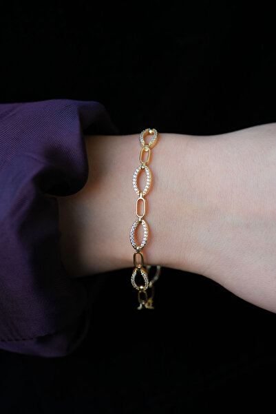 MASSOLE Women's Gold Zircon Stone Oval Interlocking Paperclip Chain Bracelet ...