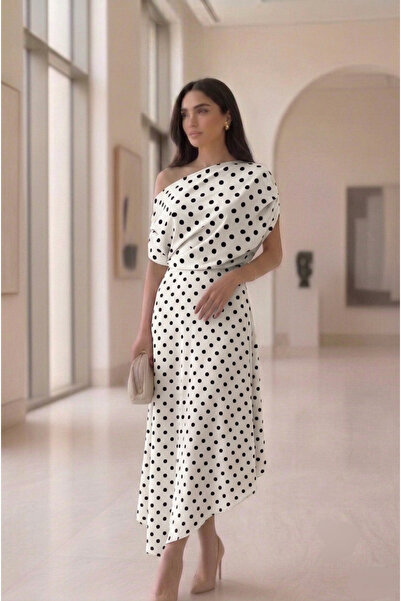 Lovely butik Πουά φόρεμα με έναν ώμο, ντραπέ, ασύμμετρης κοπής