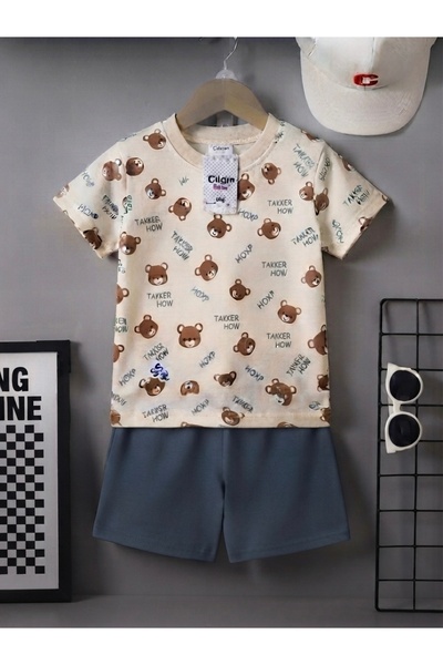 Minik mooda Boy's Teddy Bear Patterned Summer Set - Short Sleeve T-Shirt and ...