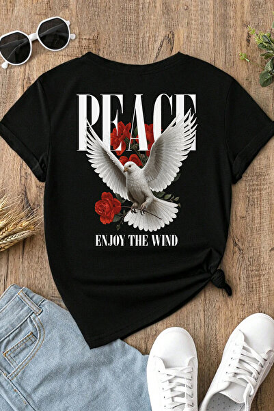 Spoyi Peace Bloom dizajnirana 100% pamučna polu-oversize crna majica