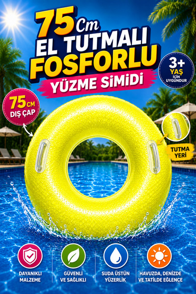 hak-iş oyuncak 75 cm Phosphorescent Yellow Swimming Ring with Hand Grip |   3...
