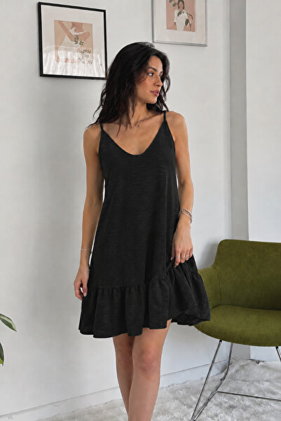 World Fashion Trends Keten Look Fabric Woven Dress with Adjustable Straps