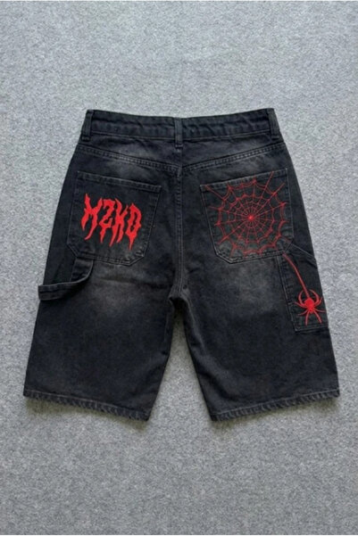 BALİNA Siyah Taşlamalı kırmızı MZKD Spider Y2K Baggy Unisex Şort
