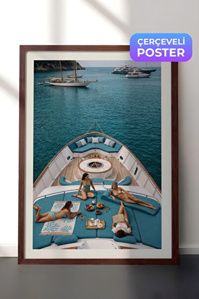 Postifull Yacht and Sea Poster, Brown Framed Poster, Old Money Series, No:113191