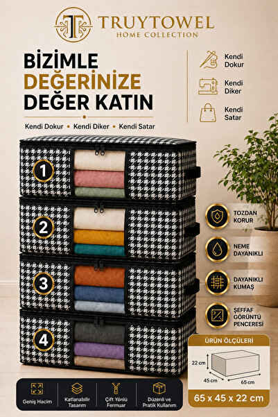 TruyTowel 4'lü Fermuarlı Kazak Hurcu 65x45x22 cm Dolap Düzenleyici Giysi Sakl...