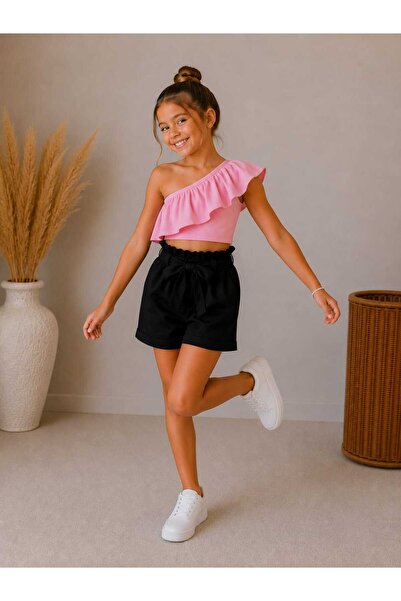BEBEĞİME ÇORAP Girls' Ruffle Sleeve Blouse and Linen Shorts Top and Bottom Set