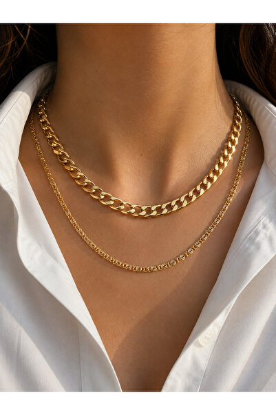 14 K Gold Color Gourmet & Patterned Chain Double Necklace Set for Women