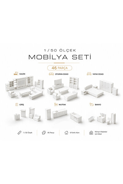 Tofu 46 Parça Minyatür Mobilya Seti – Boyanabilir – Mimari Maket – İç Mimari ...