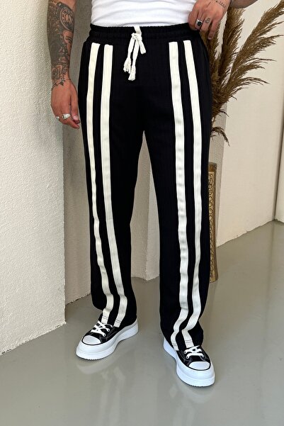 OUTFİT MAN Double Embroidery Detail Self-Striped Tracksuit Black