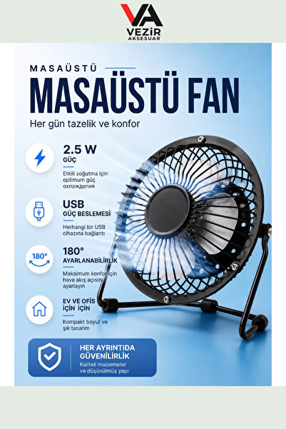 Vezir Aksesuar Mini USB Masaüstü Fan | Metal Gövde | Ultra Sessiz Ofis & Ev V...