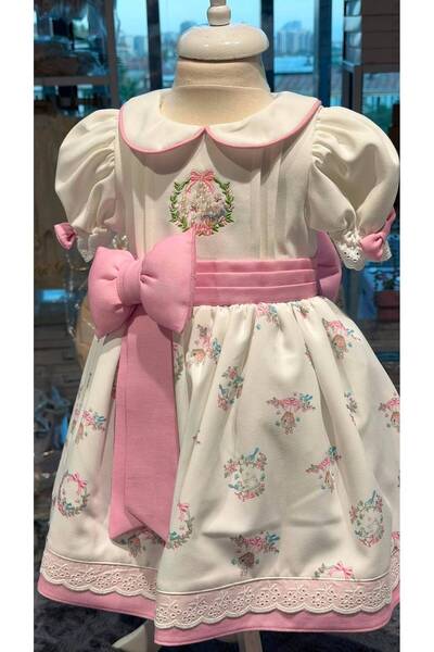 Pamina Girl's Special Occasion Dress - Floral Patterned with Big Bow - Ecru