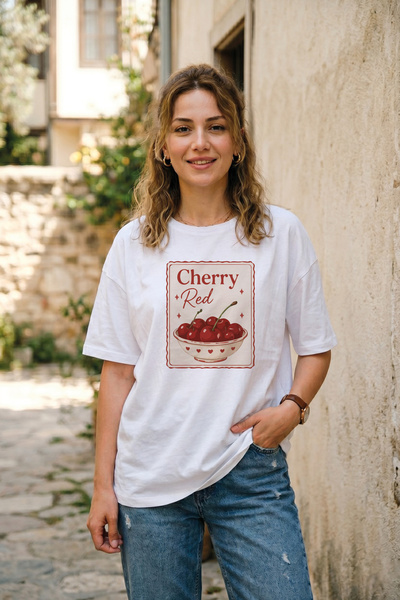 BAGAND Women's Cherry Red Printed White T-Shirt Vintage Cherry Themed Aesthet...
