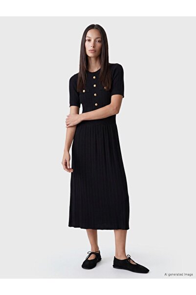 LC Waikiki Lcw Everyday Black Crew Neck Buttoned Knitwear Dress