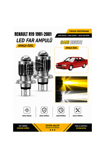 Oto Çizgi Renault R19 1981-2001 H4 LED Far Ampulü Sarı-Beyaz Işık Canbus Mini...