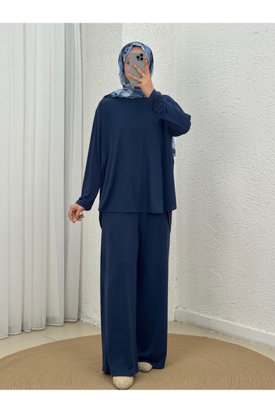 MİHRA STORE بدلة يونكا مع شق حواف أسطوانية بنطلونات - NL764 باللون الأزرق الداكن