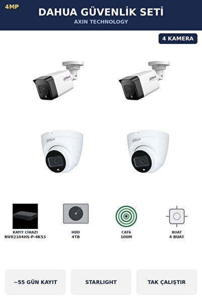 DAHUA 4 Kameralı 4MP Güvenlik Kamera Seti 4MP IP PoE Starlight Dome+Bullet 4T...
