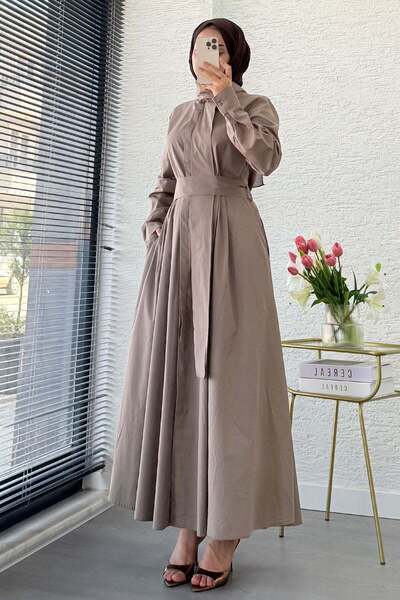 MELEK ARAZ Premium Design Poplin Shirt Dress - Mink