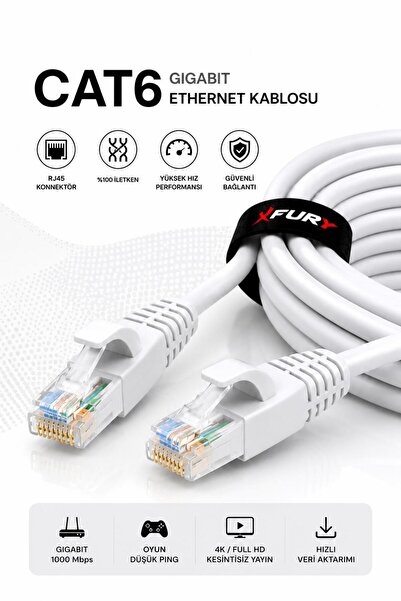 FURY CAT6 Ethernet Kablosu 20 Metre RJ45 LAN İnternet Modem Router Bilgisayar Kablosu