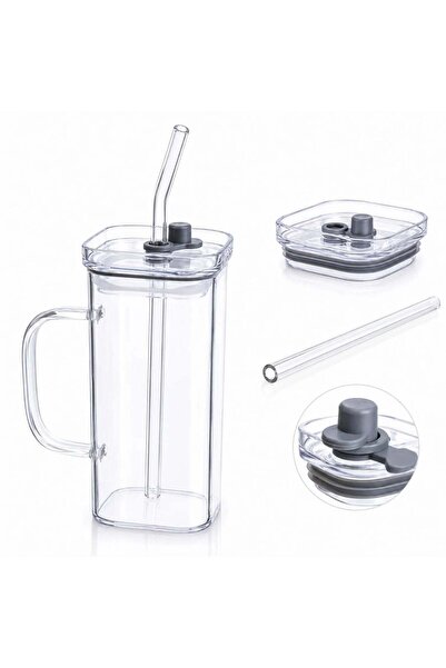 CASA JOY Pahar cu pai 14 x 6 cm, Cană cu capac cu etanșare din silicon și mân...