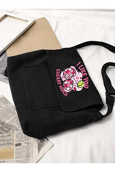 Minga London Black I Like You Cherry Much Printed Denim Messenger Bag