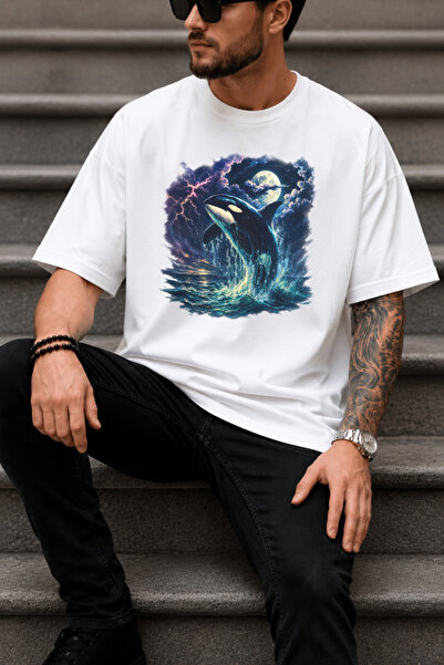Impress Orca Killer Whale Themed Oversize T-Shirt, Storm Ocean Pattern Loose ...