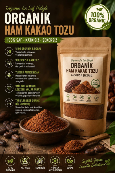 AKTAR DÜNYAM Organik Ham Kakao Tozu 100 Gr - Katkısız & Şekersiz