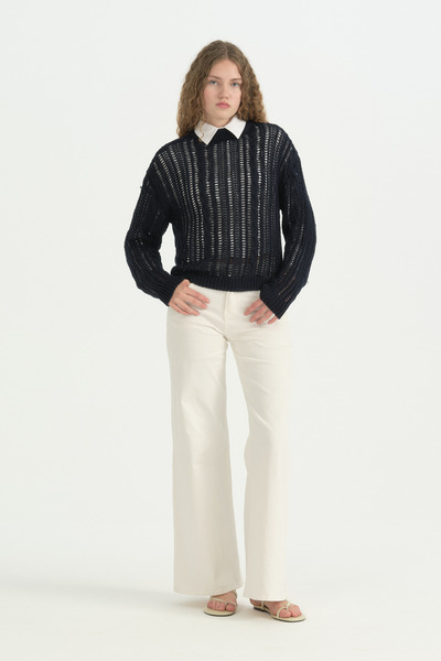Nihan Oversize Knitted Detailed Cotton Tunic - Navy Blue