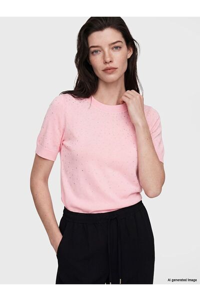 LC Waikiki سترة LCW Comfort Pink Crew Neck Stone للسيدات من التريكو