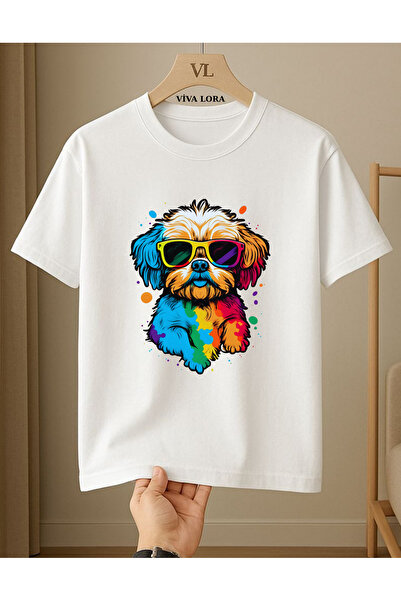 VİVA LORA Cute Style Ornamental Dog with Colorful Glasses Unisex 100% Cotton ...