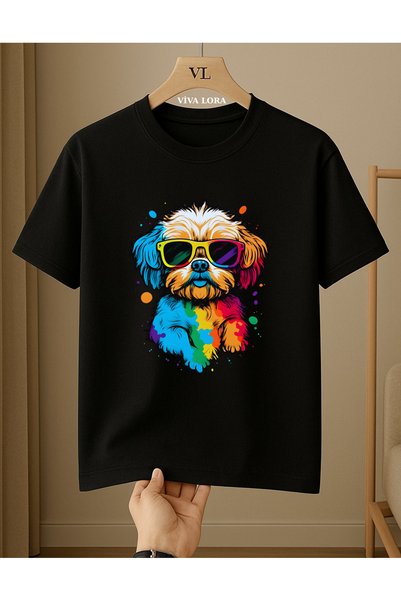 VİVA LORA Cute Style Ornamental Dog with Colorful Glasses Unisex 100% Cotton ...