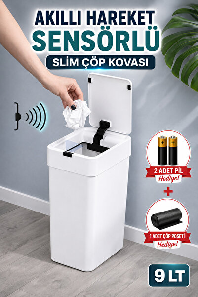 Funny Life 9 LT Akıllı Hareket Sensörlü Slim Çöp Kovası 2 Pil + Çöp Poşeti He...