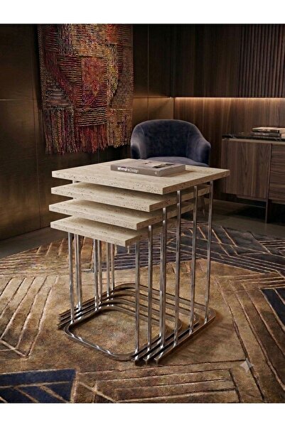 Nokta Sehpa Home 4LÜ RÜYA TREND GÜMÜŞ METAL TRAVERTEN TABLA ZİGON SEHPA YAN S...