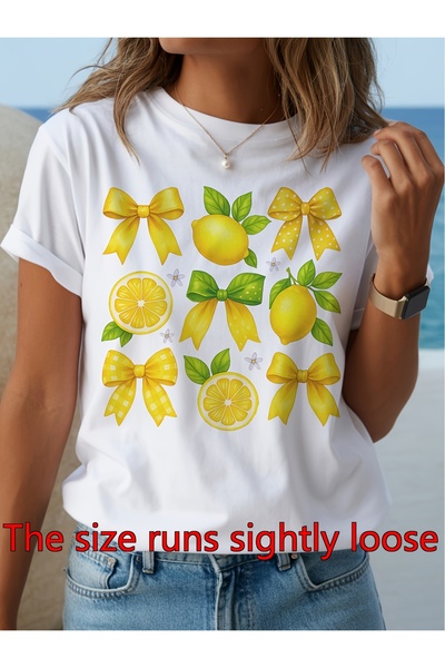 NOURAM Women's Lemon Print T-Shirt - Breathable Mid-Stretch Short Sleeve Roun...